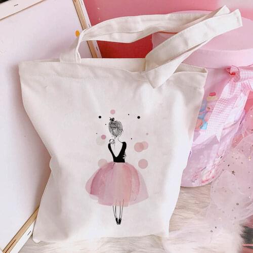 New Womens Casual Canvas Bag Pink Ballet Dance Girl Print Shopping Bag Lady Handbag Reusable Large Capacity Tote Bags