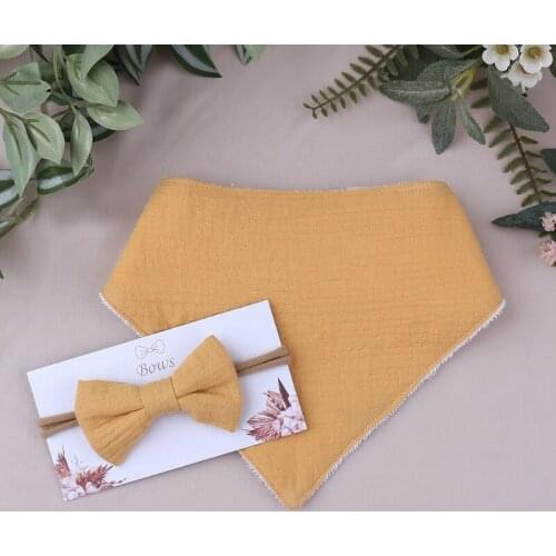 2 Pcs Baby Girls Elastic Bow Headband Saliva Towel Set Princess Cotton Solid Color Bowknot Hair Band Bib Kit