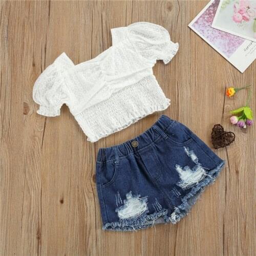 2-7Y Fashion Children Girl Clothing Set 2021 Summer Kid Girl Clothes Outfit Solid Puff Sleeve Top Denim Shorts Outfit