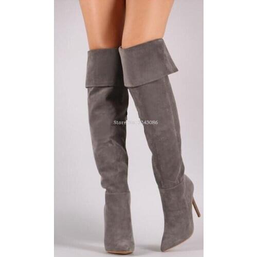 Sexy Suede Stiletto Heel Long Boots Women Fashion Pointed Toe Wine Red Black Floding Over the Knee Boots Lady Popular Party Shoe