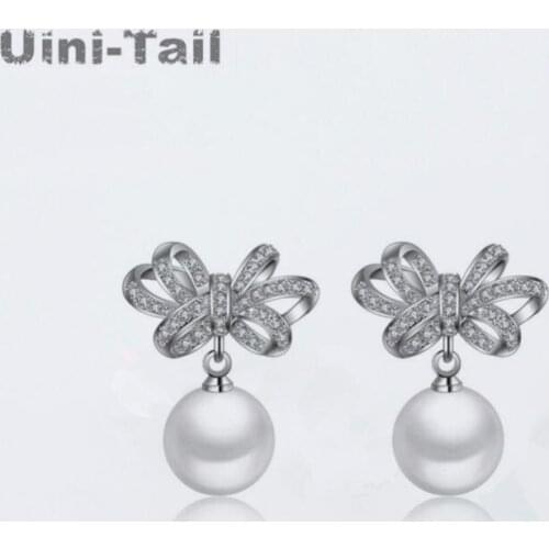 Uini-Tail hot new 925 sterling silver super flashing bow pearl earrings female temperament shine fashion tide high quality