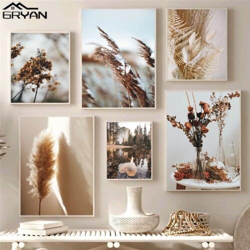 Nordic Autumn Plant Landscape Wall Art Prints Posters Wheat Frozen Reed Flower Canvas Painting Bohemia Nature Picture Decoration