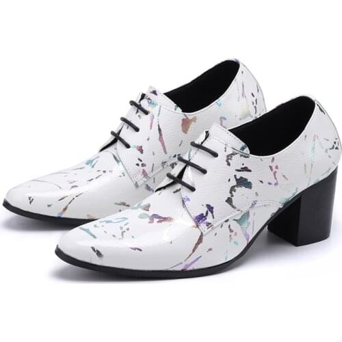 Mens Shoes High Heels Genuine Leather Print Formal Oxford Stage Show Man Business Dress Shoes Nightclub Chaussure Homme