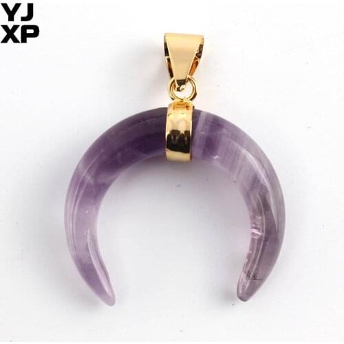 YJXP Trendy Light Yellow Gold Purple Amethysts Crescent Moon Shaped Natural Stone Pendant Classic Style Jewelry