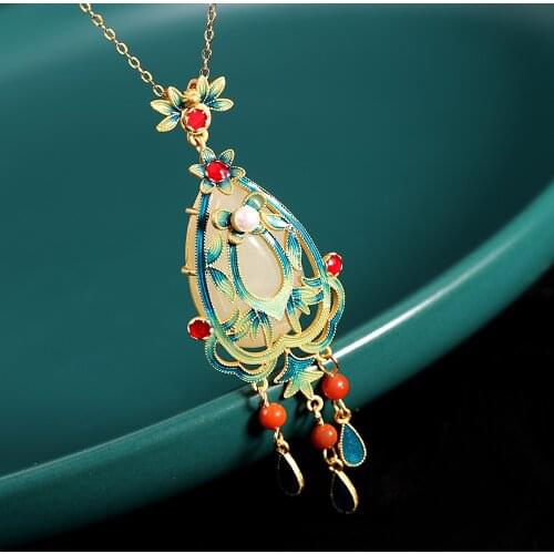 BOCAI 2021 Trenda Real s925 Silver Jewelry Gold-plated Cloisonne Ethnic Hetian Jade Pendant for Women Tassel Sweater Accessories