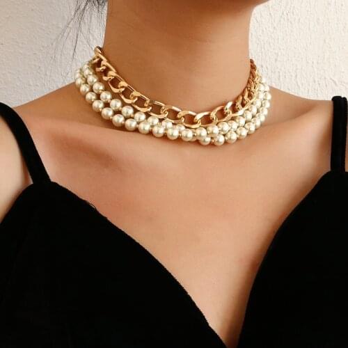 Flashbuy Vintage Multi-layer Chain Pearl Choker Necklaces for Women Gold Color Cuban Thick Chain Necklace Statement Jewelry