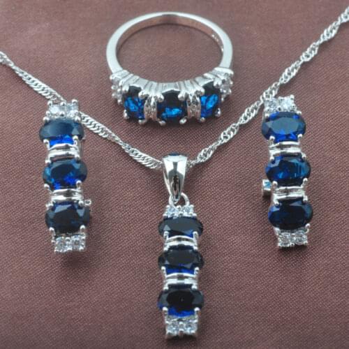 2020 New Blue Stone Zircon Womens Silver Plated Color Jewelry Sets Necklace Pendant Stud Earrings Rings Free Shipping TZ0157