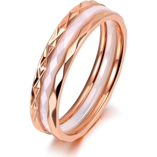 Original Design Titanium Steel White/Black Cut Ceramic Ring Jewelry Rose Gold Wedding Engagement Rings For Women R19135