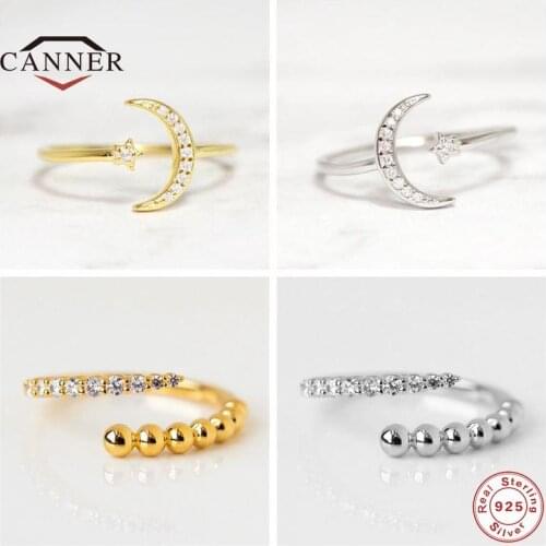 CANNER Real 925 Sterling Silver Adjustable Finger Rings for Women Minimalist Charm Zircon Crystal Anillos Party Jewelry Gifts