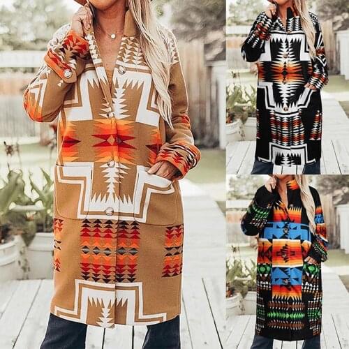 New Print Pattern Women Autumn Winter Warm Long Sleeve Woolen Coat Color Block Retro Floral Print Outerwear Jacket
