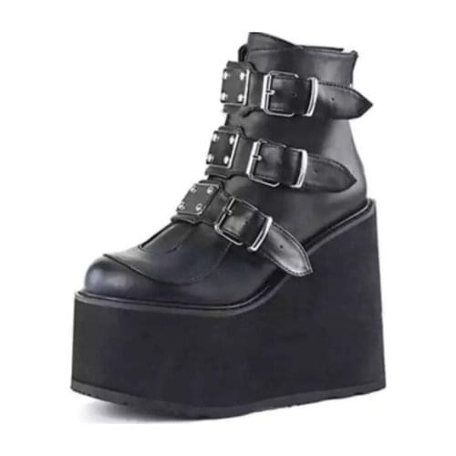 Winter womens buckled bare boots womens punk platform boots wedges
