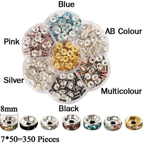 8mm 350Pcs 7Colors Rhinestone Rondelle Crystal Beads Kits Handmade Findings Loose Spacer Beads Box For DIY Jewelry Make Supplies