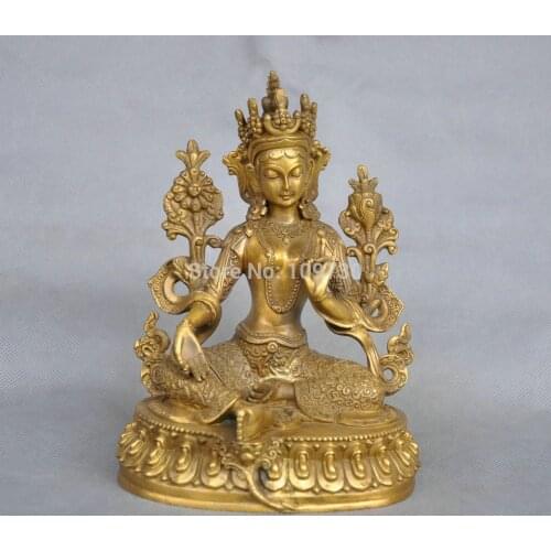 Free Shipping 002205 7'' China Tibet Pure Bronze Green Tara Buddha Statue