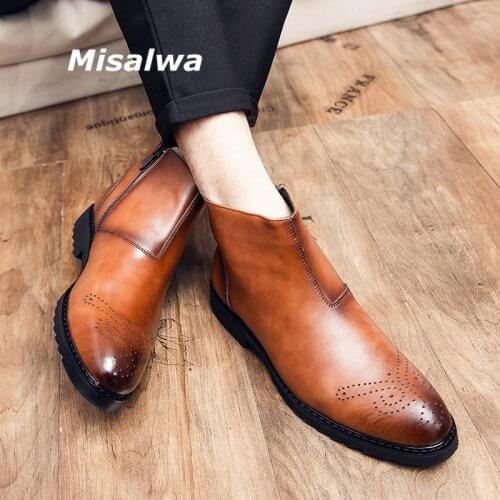 Misalwa Carved British Men Chelsea Boots Genuine Leather Italian Formal Mens Boots Brogue Fashion Zipper Dress Shoes Trendy