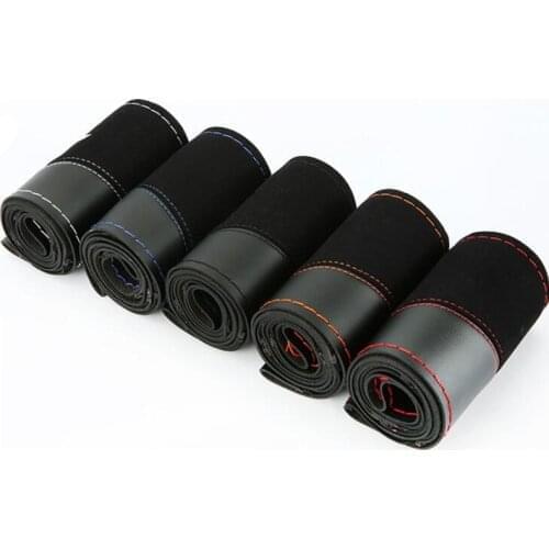 38cm DIY Steering Wheel Cover Wear-resistant Soft PU + Suede Leather Car Steering-Wheel Braid With Needles Thread