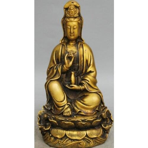 Fast shipping USPS to USA S1899 9" Chinese Buddhism Copper Seat lotus Kwan-yin Guan Yin Goddess Vase Statue
