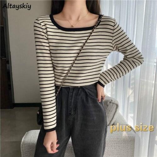 T-shirts Women Spring Plus Size 3XL Striped Long Sleeve Leisure Korean Style Ropa Slim Round Neck Mujer De Moda Ladies Ulzzang
