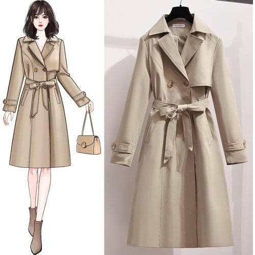 HOT Spring and Autumn Tooling wind Suit and coat woman Windbreaker Medium length Lace up waist Back up Lapel Sense of design