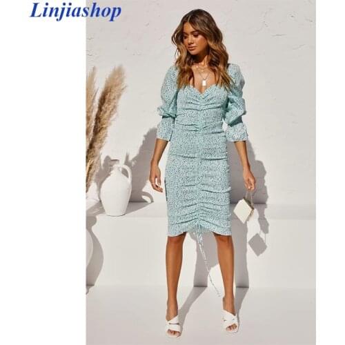 Linjiashop vintage square neck floral print dress women 2019 long sleeve bodycon midi dress boho beach vestidos dropshipping