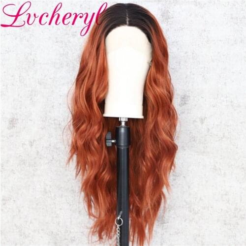 Lvcheryl Long Wave Synthetic Lace-front-wigs Dark Roots Ombre Orange Color Heat Resistant Hand Tied Hair Middle Parting Make Up