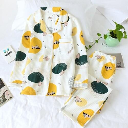 Sweet Lovely Cartoon Print Winter Pajamas Set Women Three Layers Cotton Thick Warm Home Suit Female Knitted Sleepwear Homewear