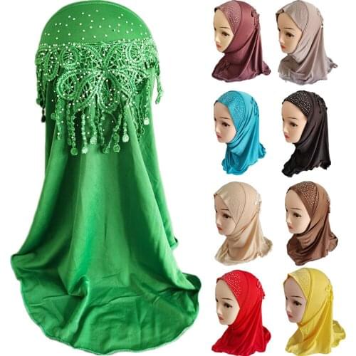 Muslim Kids Girls Hijab Instant Scarf Rhienstone Tassel Hijab Shawl Head Wrap One Piece Amira Islamic Pull On Ready Made To Wear