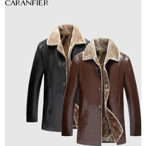 CARANFIER Mens Leather Jackets Winter Faux Fur Male Overcoat Plus Velvet Thicken Warm Coats Biker PU Mid-long Classic Outerwear