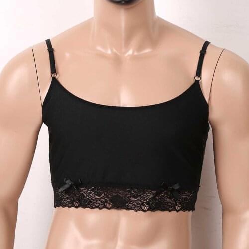 Men Male Sissy Lingerie Exotic Tanks Crop Top Spaghetti Straps Lace Hemline Camisole Vest Sleepwear Clubwear Sleeveless Shirt