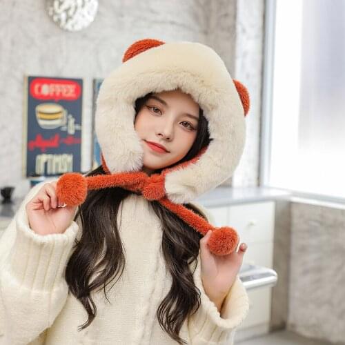 2021 new high-quality female wool hat womens winter plush cycling cold anti-wind ear protective cap fashion integrated collar