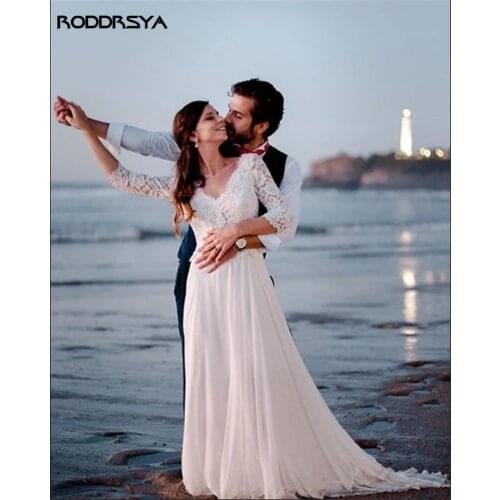 A-line Beach Wedding Dresses with V-Neck 3/4 Lace Sleeve Chiffon Open Back Bridal Gowns Boho Princess Party Dresses 2020