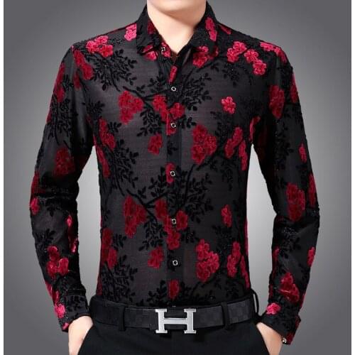 Flowers Printed Shirts For Mens Transparent Clothing 2020 Summer Club Sexy Shirts For Mens See Through Shirts Silk Plus Size