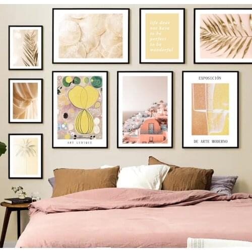 Santorini Gold Palm Leaf Tree Abstract Playful Art Nordic Poster Wall Art Print Canvas Painting Decor Pictures For Living Room