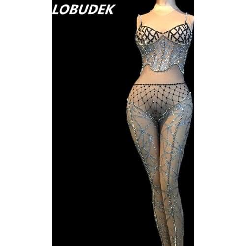 Bling Black Rhinestones Jumpsuit Silvery Rivet Crystals Bodysuit Sexy Bar Nightclub Female DJ DS Costume Pole Dancing Stage Wear