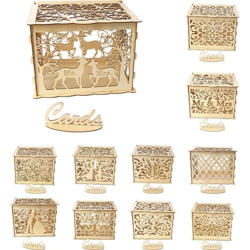 Wedding Card Boxes Wooden Box Wedding Supplies DIY Couple Deer Bird Flower Pattern Grid Business Card Wooden Box Dropshipping