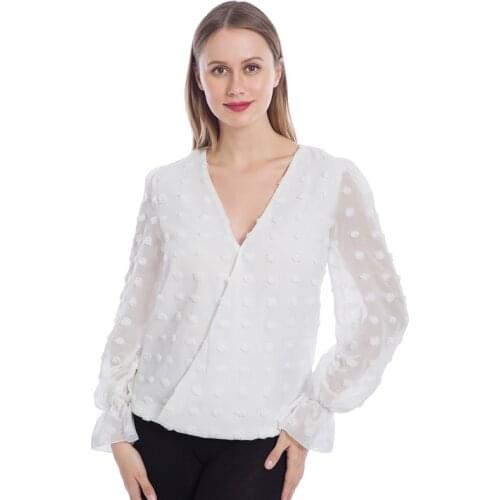 Fashion Women Deep V Neck Top White Jacquard Shirt Female Long Sleeve Chic Shirt Sexy Polka Dot Solid Color Mesh Blouses