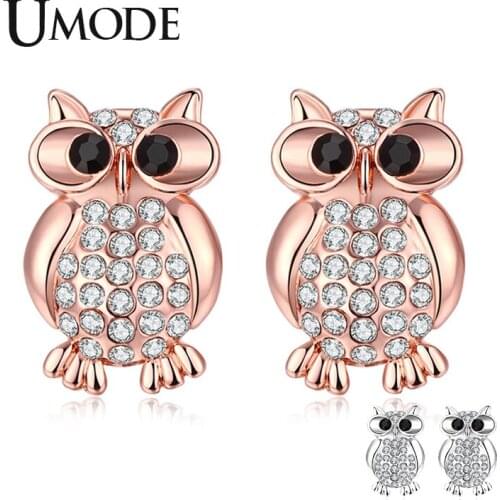 UMODE New Round Black Zircon Fashion Owl Stud Earrings for Women New White&Rose Gold Clear CZ Crystal Jewelry Gifts AUE0556