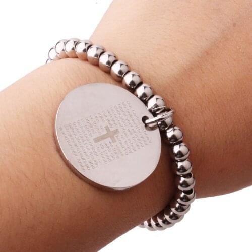 Womens Jewelry Gift Silver Stainless Steel Beaded Bracelet Handmade jewelry Laser Bible 8mm7.5"