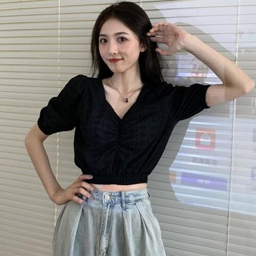 BETHQUENOY Woman Crop Top Poleras Mujer Camisetas V-Neck Shirts Women Summer Ladies Tops Black White T Shirt Femme Bluzka Damska
