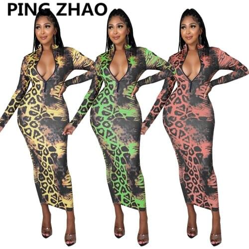 PING ZHAO Leopard Print Long Sleeve Maxi Dress Fall Women Sexy Party Club Bandage Long Dresses