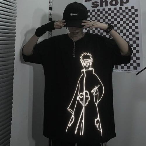 Summer Amine Cotton Harajuku T-shirt Casual Cartoon Tops Reflective Tshirt Streetwear Retro T Shirt Men Punk Clothes O-Neck