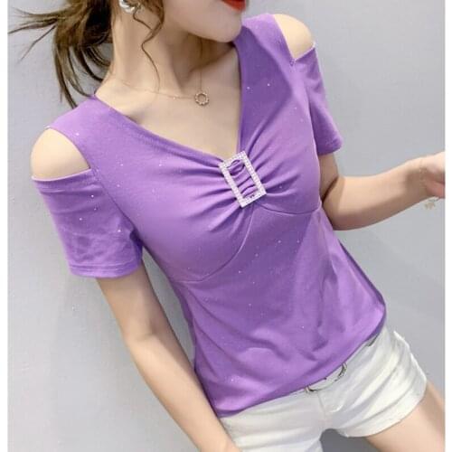 Off Shoulder Tees T Shirt Women Clothes White Short Sleeve T-shirt Diamond Bronzing Summer Short Tops Shirt Red Cotton 2021