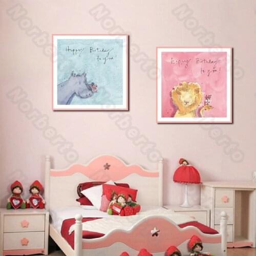 Children Drawing Picture Canvas Painting Poster Red Lion and Grey Rhinoceros Say Happy Birthday To You for Home Rooms Decoration