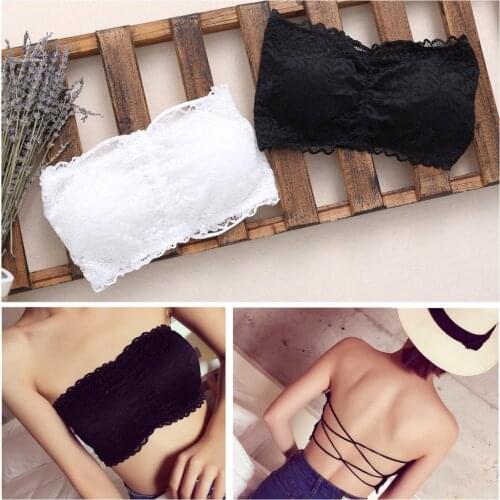 KLV Women Strapless Lace Camisole Backless Slim Sexy Tube Tops White/Black