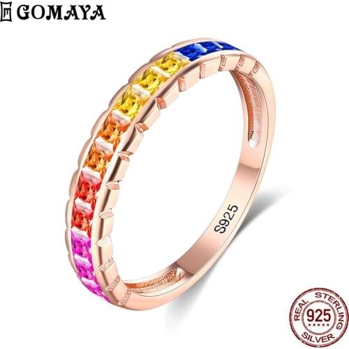 GOMAYA Rainbow Rings For Women 925 Sterling Silver Setting A Half Circle Colored Zircons Simple Engagement Wedding Fine Jewelry