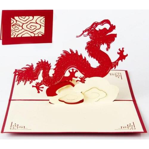 Red Dragon Handmade 3D Pop Up DIY Greeting Card Customized Postcard Gifts Card Chinese New Year Party Docoration With Envelope