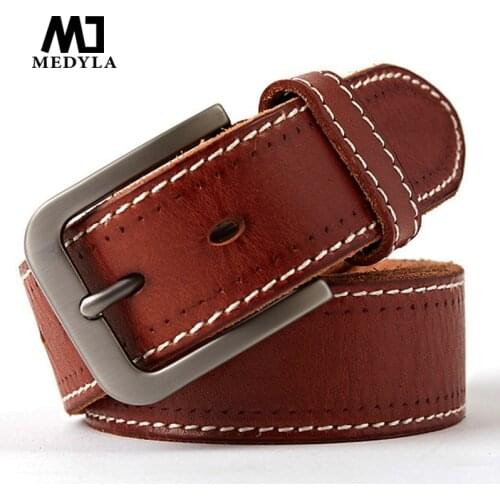 MEDYLA original leather mens belt retro casual design jeans belt for mens brand designer belt high metal pin buckle Dropship