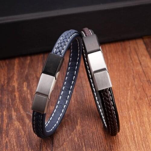 So Cool Stainless Steel Magnetic Buckle Men Boys Fashion Charm Bracelets Vintage Male Chain Link Genuine Leather Bracelets