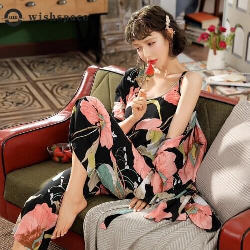 Pajamas Women Long Sleeve in the Spring and Autumn Summer Condole Belt of Large Size Thin Silk Casual Wear Three-piece Suit