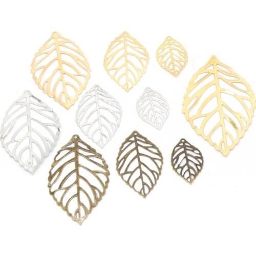 100pcs Craft Hollow Gold Charm Leaves Pendant Jewelry Accessories Filigree Jewelry Making For Earring Pendant