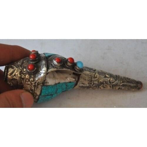Elaborate Chinese Tibetan silver Buddhism inlaid with artificial gems conch shell clear loud horn statue